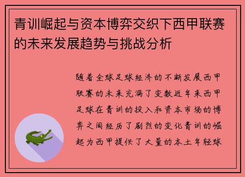 青训崛起与资本博弈交织下西甲联赛的未来发展趋势与挑战分析