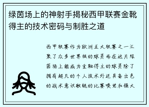 绿茵场上的神射手揭秘西甲联赛金靴得主的技术密码与制胜之道