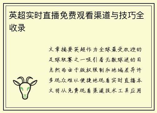英超实时直播免费观看渠道与技巧全收录