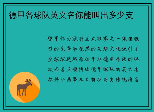 德甲各球队英文名你能叫出多少支